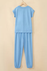 Apricot Pink Solid Color V Neck Tee Drawstring Pant Set