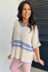 White Striped V Neck Dolman Sleeve Knit Sweater