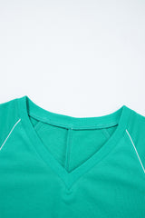 Dark Green V Neck Piping Trim Pullover Top and Shorts Set