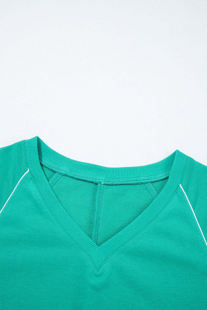 Dark Green V Neck Piping Trim Pullover Top and Shorts Set