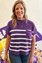 Purple Stripe Raw Edge Patched Pocket Short Sleeve Knit Sweater