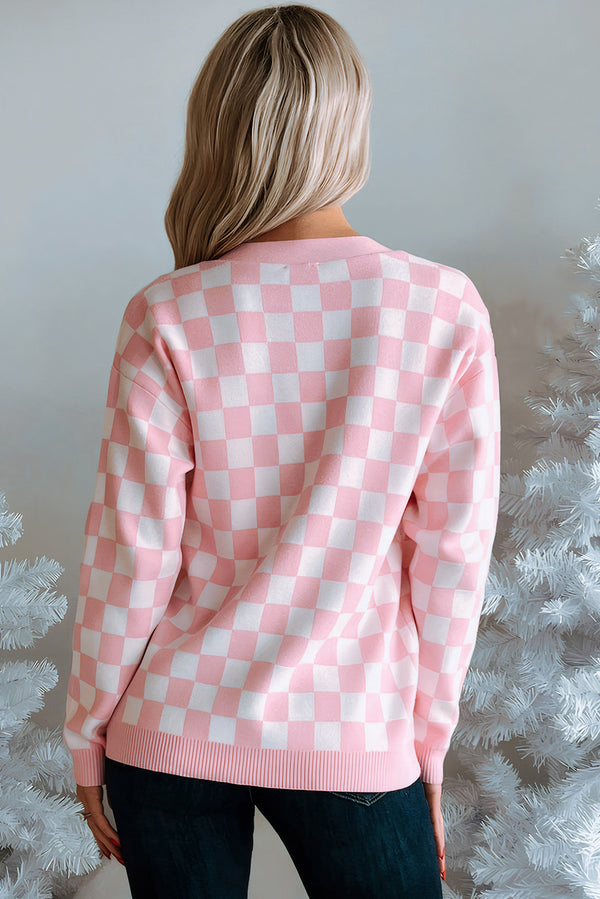 Pink Checkered Christmas Tree Pattern Button V Neck Knit Cardigan