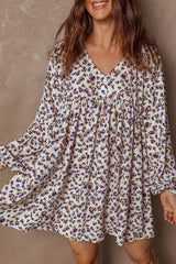 Multicolour Unique Leopard Print V Neck Button Detail Long Sleeve Mini Dress