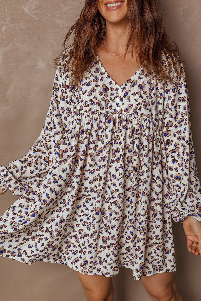 Multicolour Unique Leopard Print V Neck Button Detail Long Sleeve Mini Dress