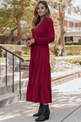 Chestnut Solid Long Sleeve Button V Neck Tiered Maxi Dress