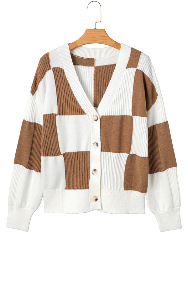 Khaki Checkered Pattern Button V Neck Ribbed Knit Cardigan