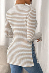 Jet Stream Striped Side Slit Round Neck Long Sleeve Top