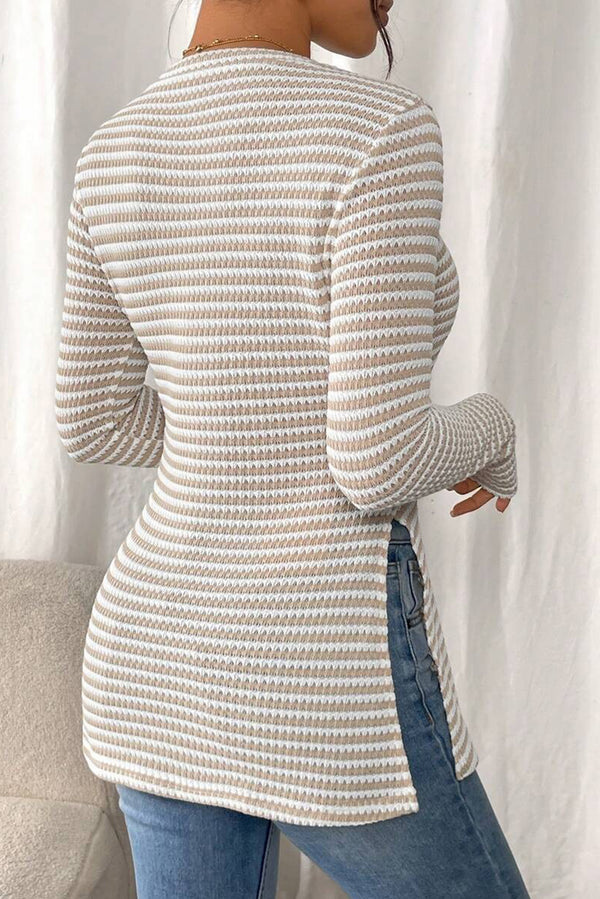 Jet Stream Striped Side Slit Round Neck Long Sleeve Top