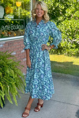 Brown Floral Printed Frilled V Neck Bracelet Sleeve Long Dress