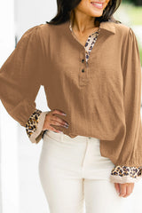 Camel Leopard Contrast V Neck Long Sleeve Blouse