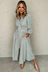 Green Striped V Neck Zip Front Cinched High Waist Midi Dress