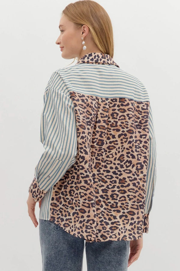 Sky Blue Leopard and Striped Patchwork Button Shirt