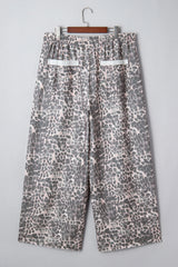 Khaki Plus Size Leopard Print Raw Edge Patch Pocket Drawstring Loose Pants