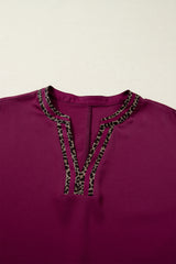Red Dahlia Contrast Leopard Trim V Neck Short Sleeve Blouse