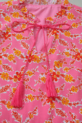 Pink Floral Long Sleeve Tassel Tied V Neck Maxi Dress