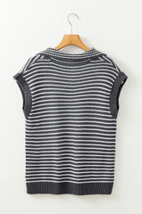 Pocketed Striped Johnny Collar Sweater Vest