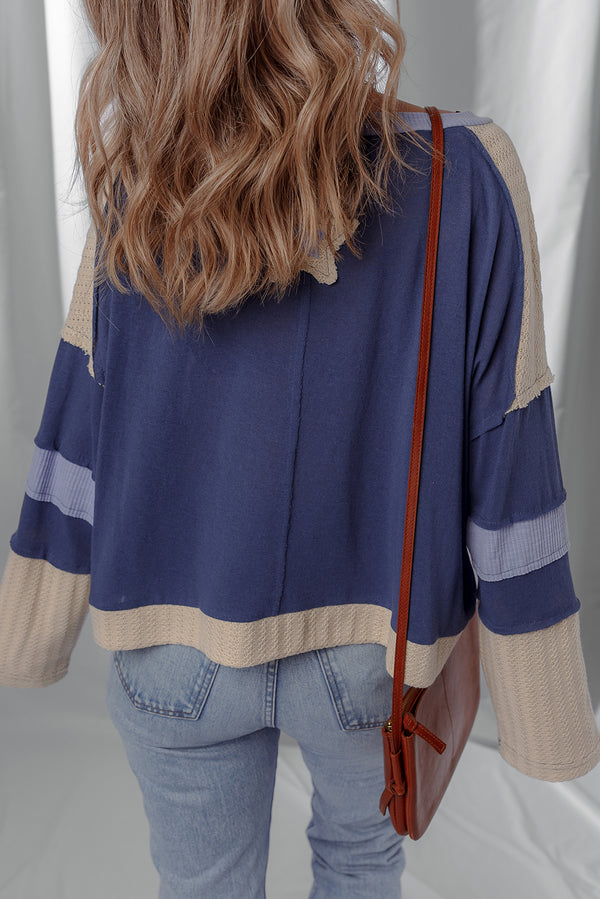 Dark Blue Knitted Colorblock Patchwork Star Patched Long Sleeve Top