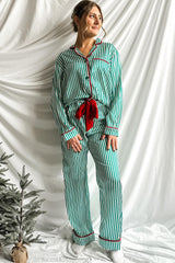 Red Striped Contrast Velvet Trim Knot Waist Pajama Set