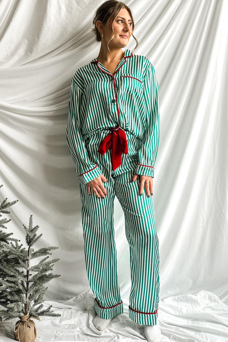 Red Striped Contrast Velvet Trim Knot Waist Pajama Set