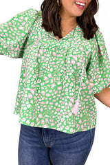 Green Plus Size Leopard Tassel Tie Split Neck Puff Sleeve Blouse