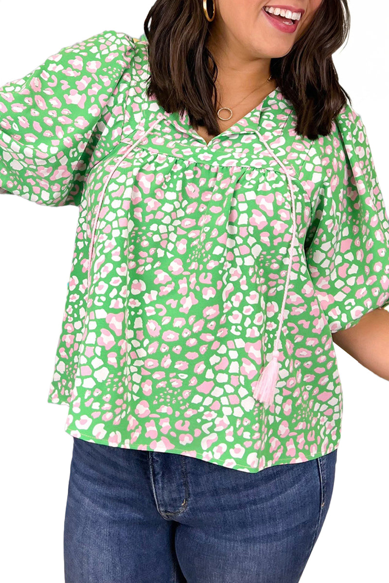 Green Plus Size Leopard Tassel Tie Split Neck Puff Sleeve Blouse