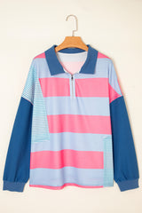 Blue Stripe Colorblock Patchwork Zip-up Plus Size Pullover