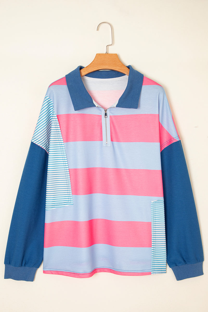 Blue Stripe Colorblock Patchwork Zip-up Plus Size Pullover