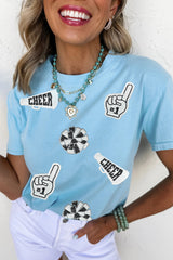 Light Blue Cheer Game Day Element Sequin Patched T Shirt