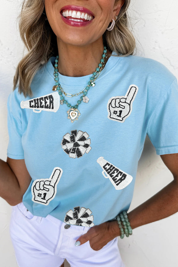 Light Blue Cheer Game Day Element Sequin Patched T Shirt