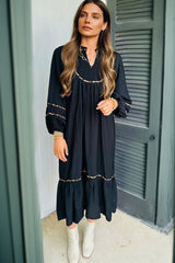 Black Contrast Leopard Trim Split Neck Long Sleeve Casual Midi Dress