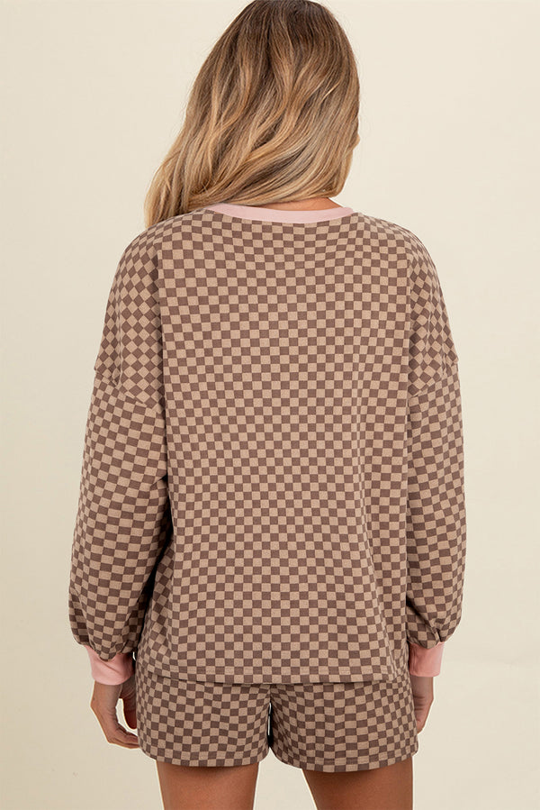 Brown Checkerboard Contrast Trim Long Sleeve Pullover and Shorts Set