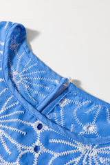 Sky Blue Boho Floral Eyelet Puff Sleeve Blouse