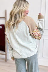 Light Grey Mixed Print Raglan Sleeve Patchwork Exposed Seam Pullover Top