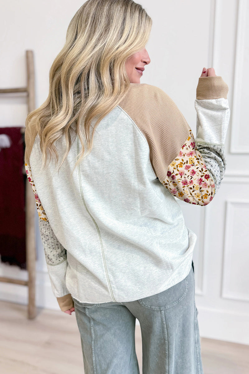 Light Grey Mixed Print Raglan Sleeve Patchwork Exposed Seam Pullover Top