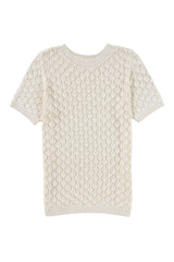 Beige Hollow Out Crochet Short Sleeve Knit Tee