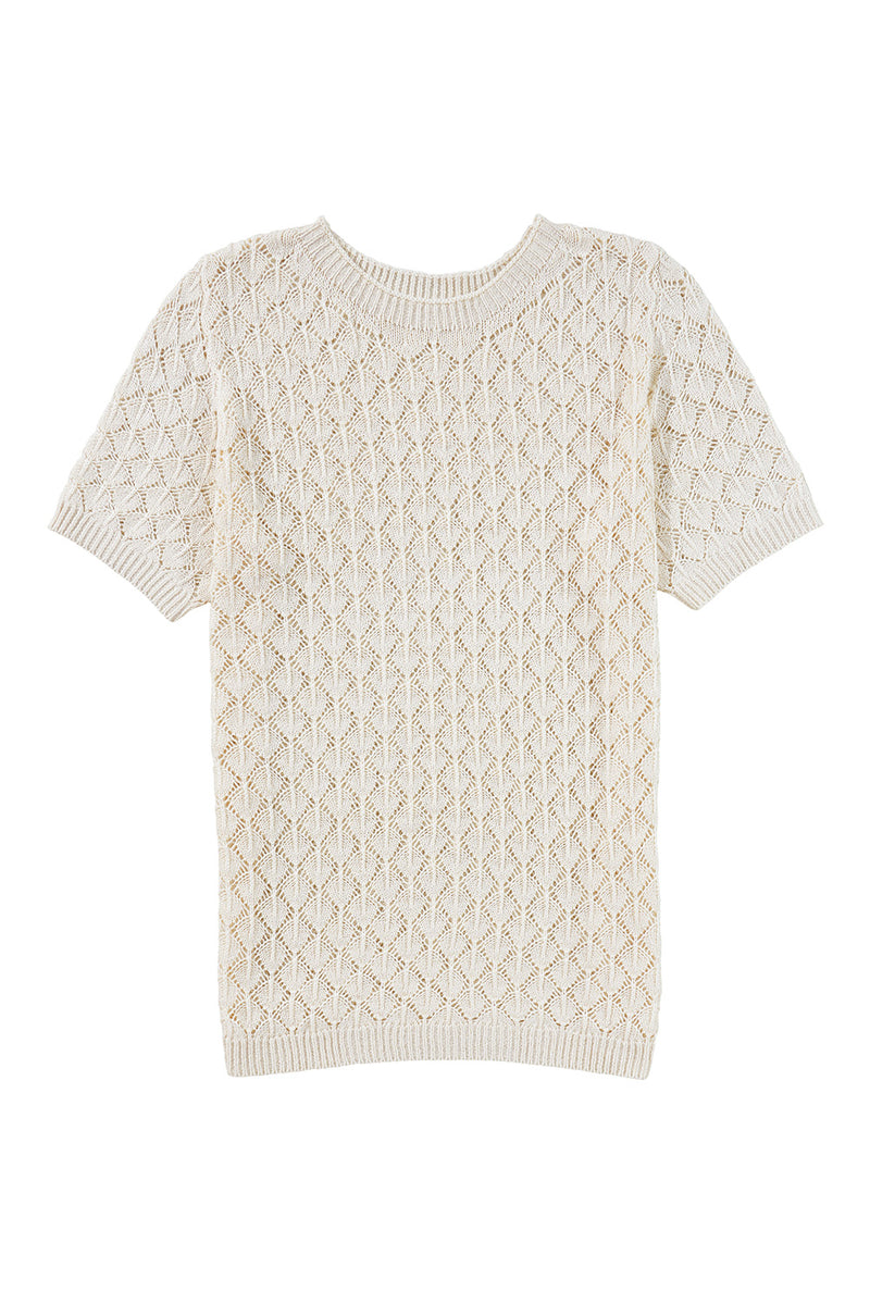 Beige Hollow Out Crochet Short Sleeve Knit Tee