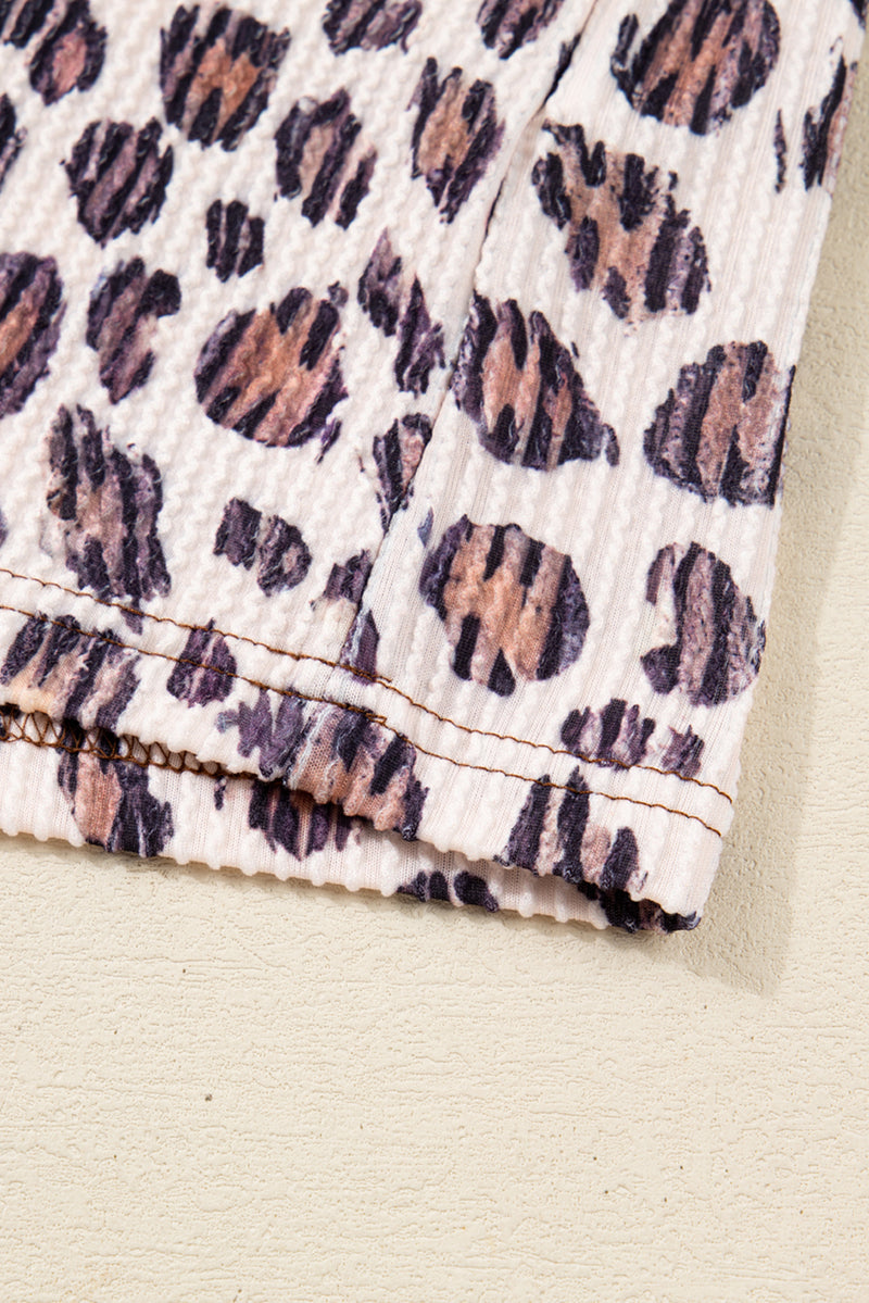 Parchment Leopard Colorblock Patchwork Twist Ribbed Plus Size Baggy Pullover