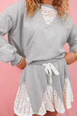 Light Grey Lace Patchwork Drop Shoulder Pullover Drawstring Skort Set