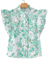 Green Floral Print Ruffle Sleeve Frill Shirt