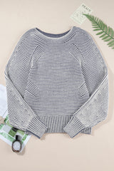 Light French Beige Striped Print Ribbed Knit Raglan Sleeve Baggy Sweater