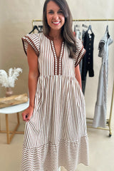 Black Stripe Double Ruffled Short Sleeve Contrast Trim V Neck Midi Dress
