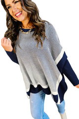 Blue Striped Colorblock Patchwork Dolman Oversize Tunic Sweater