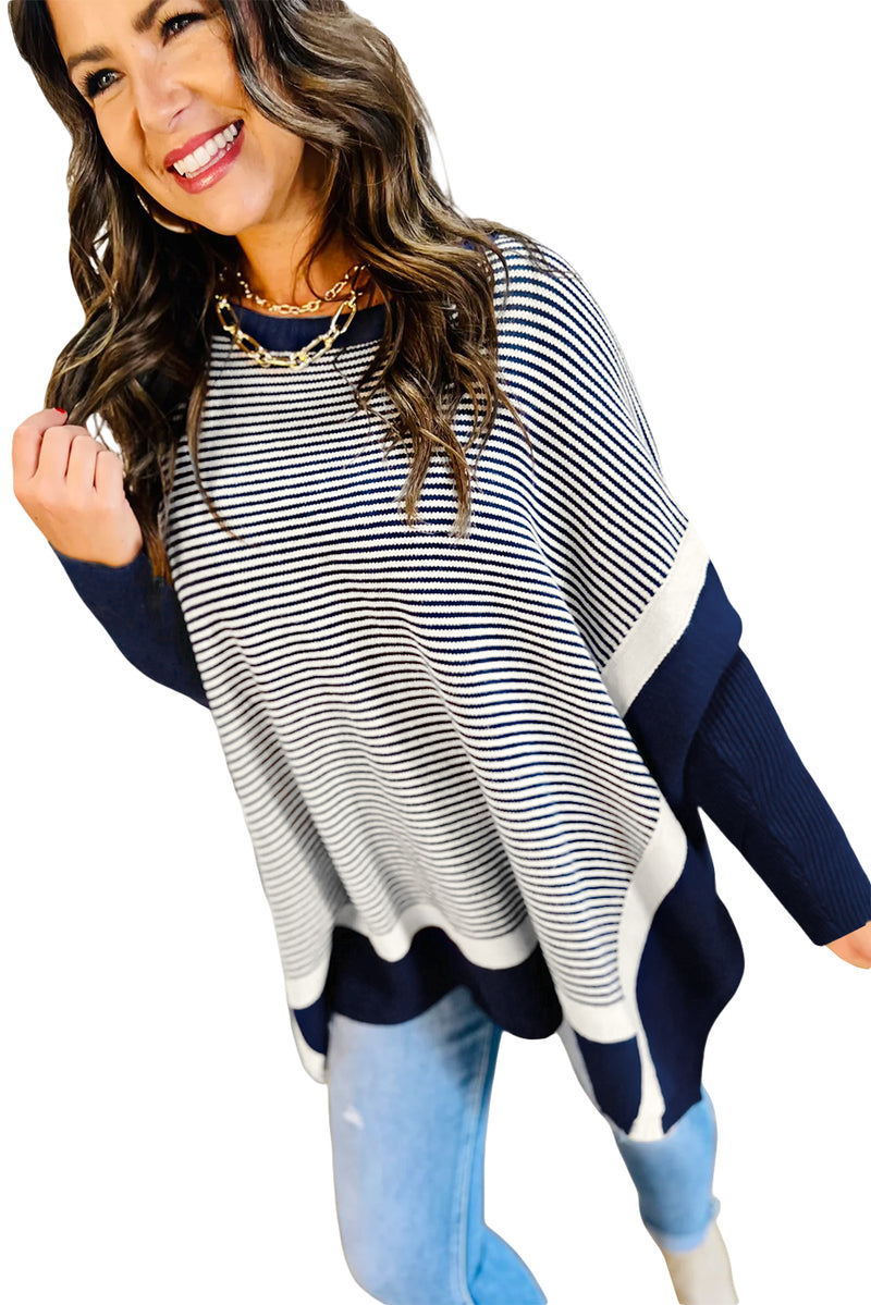 Blue Striped Colorblock Patchwork Dolman Oversize Tunic Sweater