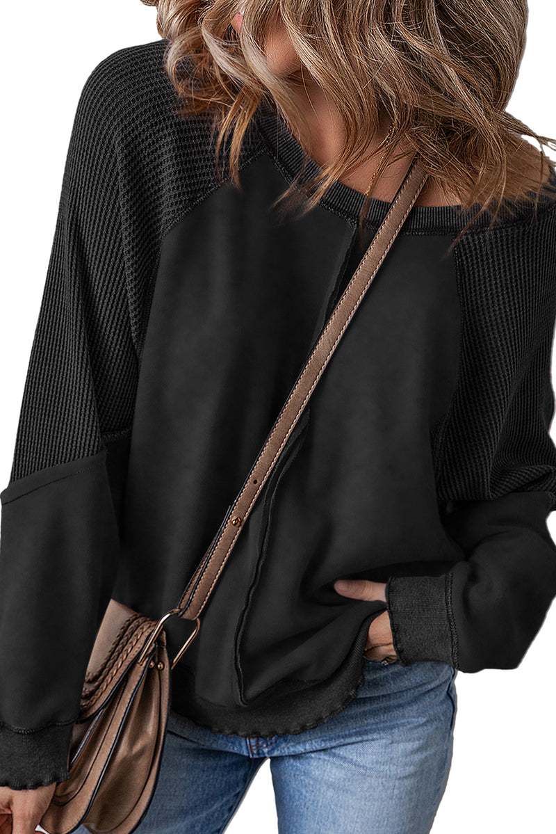 Black Solid Waffle Knit Patchwork Raglan Sleeve Sweatshirt
