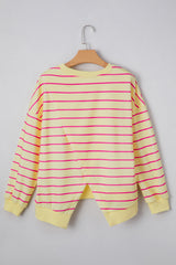 Blue Striped Overlap Detail Drop Shoulder Pullover Sweatshirt