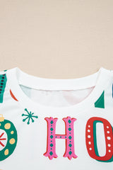 White Plus Size Christmas Ho Ho Ho Print Long Sleeve Top and Shorts Pajama Set