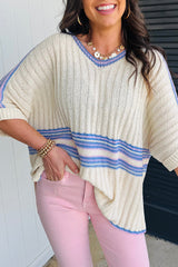 White Striped V Neck Dolman Sleeve Knit Sweater