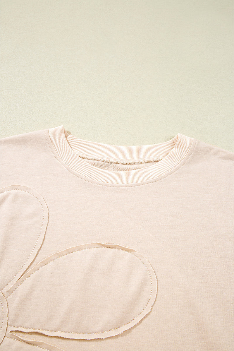 Beige Raw Edge Flower Patch Drop Shoulder Long Sleeve Top