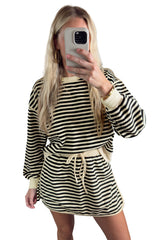 Black Stripe Textured Drop Shoulder Pullover Top Drawstring Mini Skirt Two Piece Dress Set