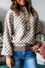 Dark Brown Plaid Contrast Trim Button Neck Sweater